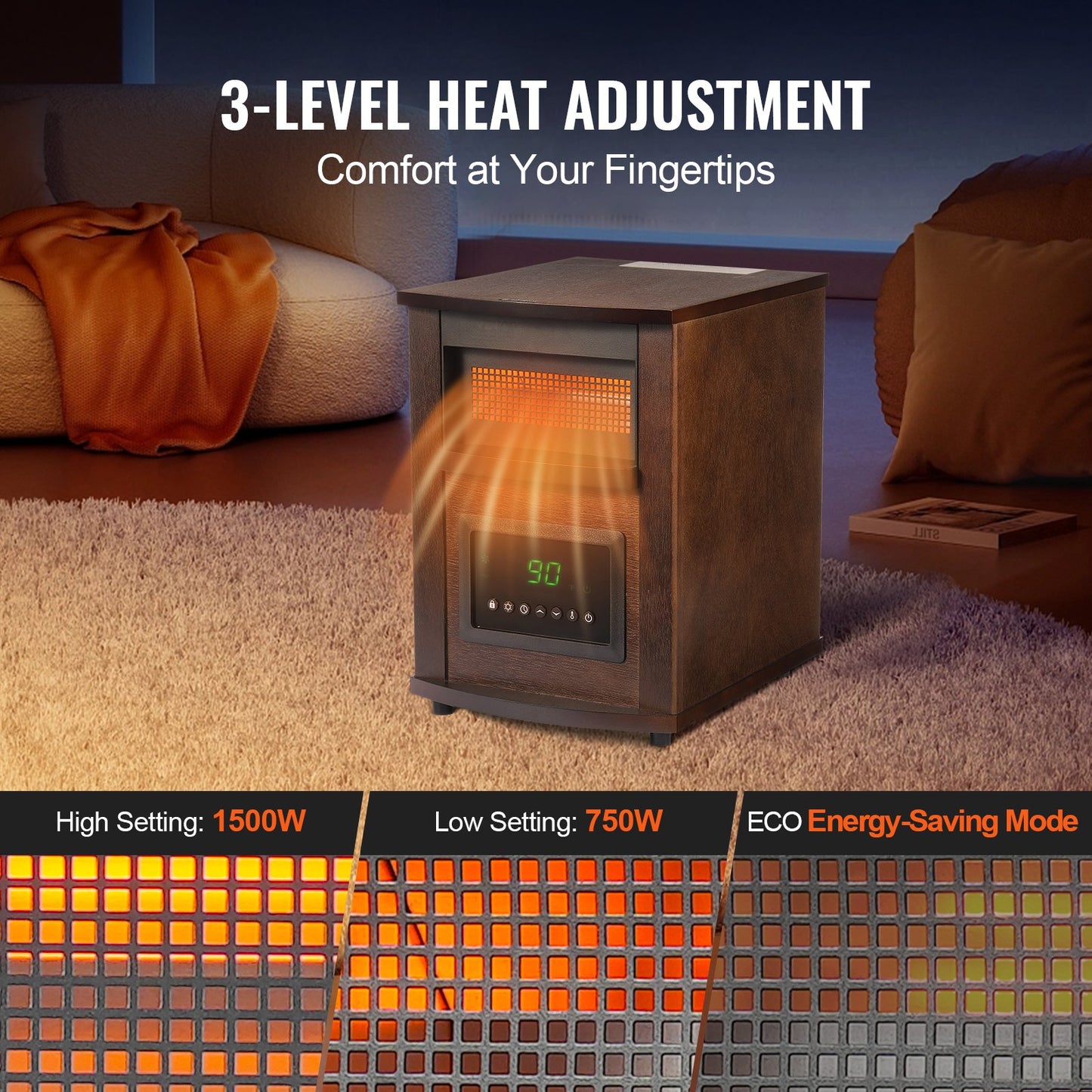 VEVOR Infrared Heater, 1500W Remote Control Electric Space Heater, LED Patio Heater w/ 3 Speeds & Timer & Overheat/Tip-Over Protection & Child Lock, for Bedroom,Living Room,Nursery,Studio,MDF