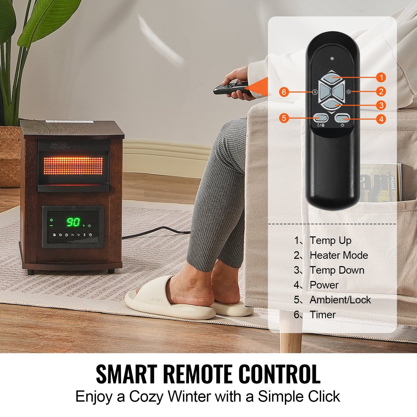VEVOR Infrared Heater, 1500W Remote Control Electric Space Heater, LED Patio Heater w/ 3 Speeds & Timer & Overheat/Tip-Over Protection & Child Lock, for Bedroom,Living Room,Nursery,Studio,MDF