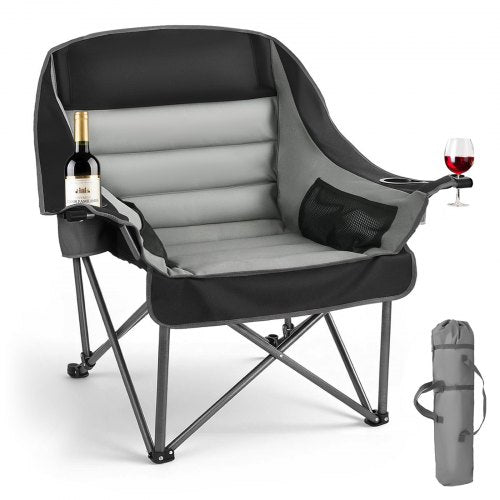 Oversized Camping Chairs, 450 lbs Heavy Duty Support, Portable Padded Folding Camp Chairs with Dual Cup Holders & Wine Glass Holders, Carry Bag for Outdoor, Fishing, Black & Gray, 1 Pack