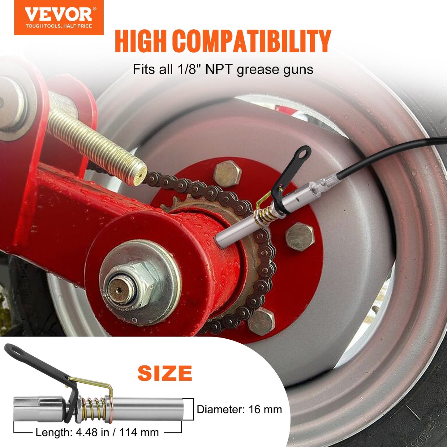 VEVOR Grease Gun Coupler, 10000 PSI High Pressure, 6-Jaw Locking, Quick Release Grease Gun Tip with Hose/Zerk Fittings Cleaner, Compatible with All Grease Guns 1/8 NPT Grease Fittings for Automobiles