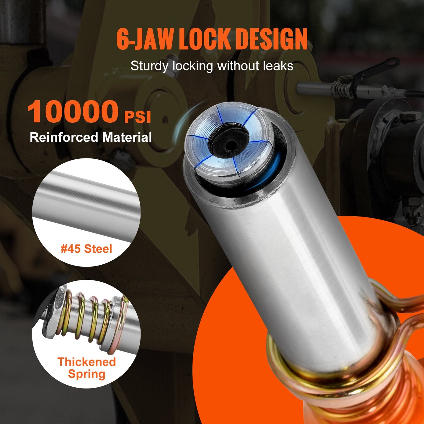 VEVOR Grease Gun Coupler, 10000 PSI High Pressure, 6-Jaw Locking, Quick Release Grease Gun Tip with Hose/Zerk Fittings Cleaner, Compatible with All Grease Guns 1/8 NPT Grease Fittings for Automobiles