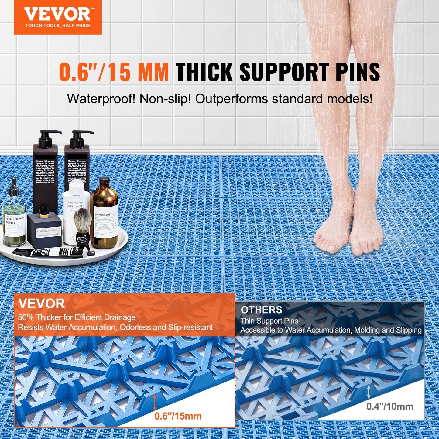 VEVOR Interlocking Tile 55PCS Blue, Drainage Tiles 12 x 12 Splicing, Soft PVC Interlocking Drainage Floor Tiles, Non-Slip Drainage Holes for Restroom, Bathroom, Kitchen, Pool, Wet Areas, Blue