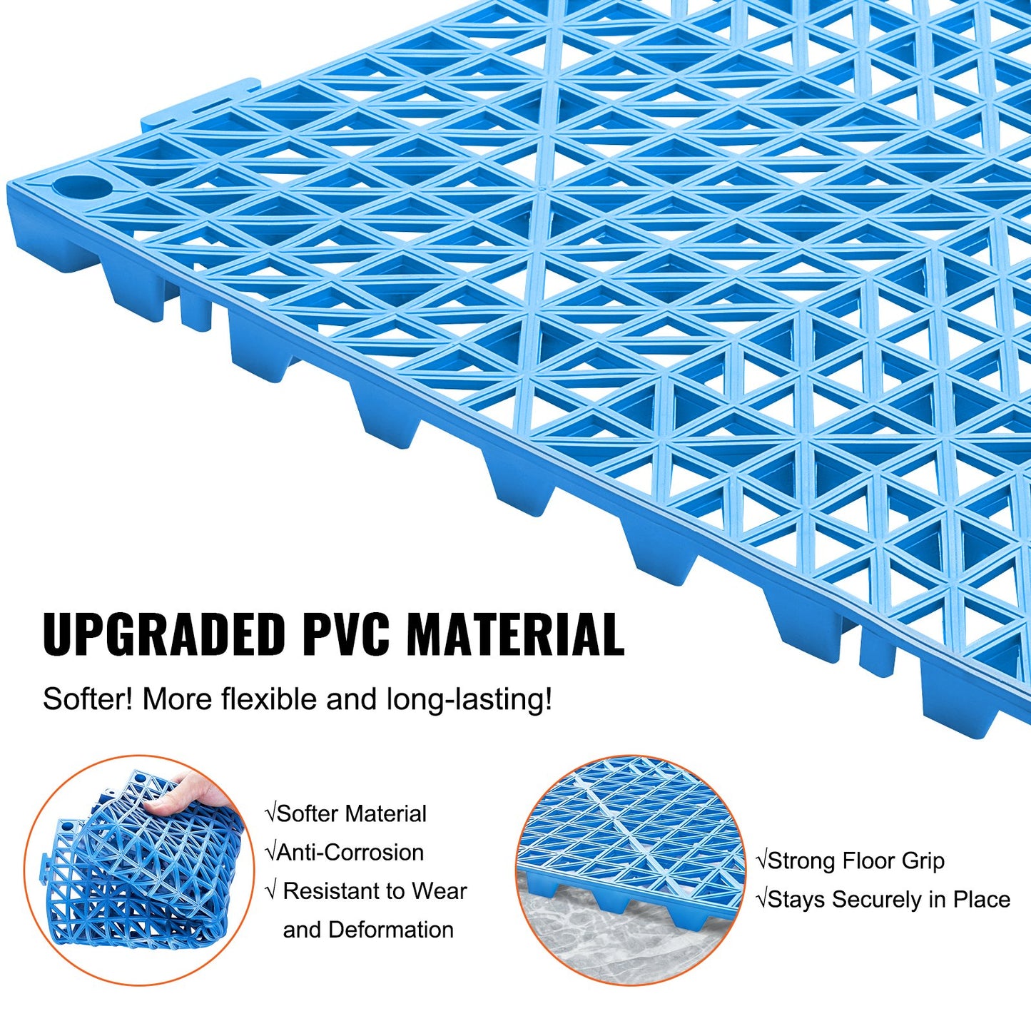 VEVOR Interlocking Tile 55PCS Blue, Drainage Tiles 12 x 12 Splicing, Soft PVC Interlocking Drainage Floor Tiles, Non-Slip Drainage Holes for Restroom, Bathroom, Kitchen, Pool, Wet Areas, Blue