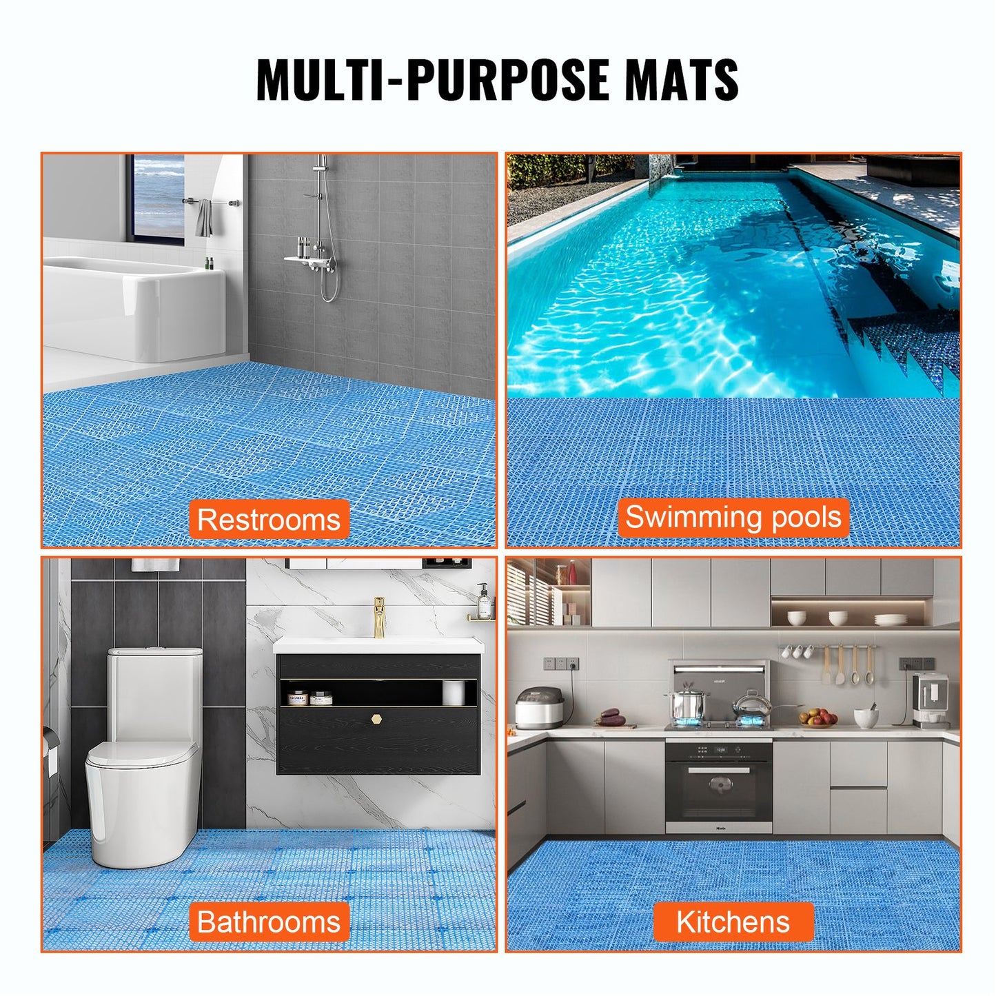 VEVOR Interlocking Tile 55PCS Blue, Drainage Tiles 12 x 12 Splicing, Soft PVC Interlocking Drainage Floor Tiles, Non-Slip Drainage Holes for Restroom, Bathroom, Kitchen, Pool, Wet Areas, Blue