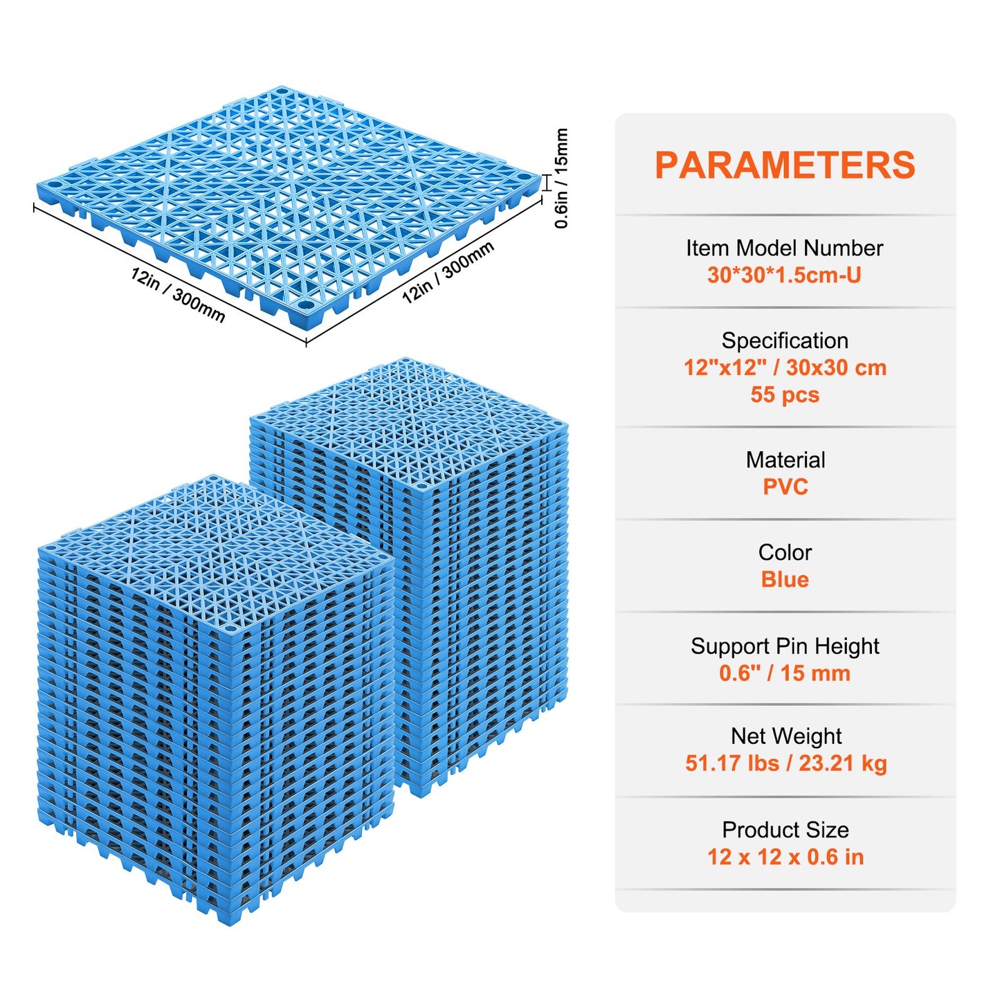 VEVOR Interlocking Tile 55PCS Blue, Drainage Tiles 12 x 12 Splicing, Soft PVC Interlocking Drainage Floor Tiles, Non-Slip Drainage Holes for Restroom, Bathroom, Kitchen, Pool, Wet Areas, Blue