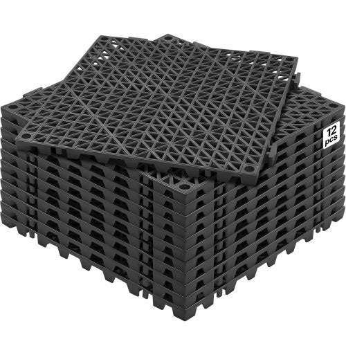 Modular Interlocking Cushion, 12 Pack 12' x 12' Splicing Drainage Mats, Soft PVC Interlocking Drainage Floor Tiles, Non-Slip Drainage Holes for Restroom, Bathroom, Kitchen, Pool, Wet Areas, Blac