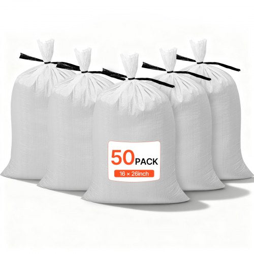 Heavy Duty Sand Bags, 50Pack 16' x 26', Empty Sandbags for Flooding with Tie Strings, Woven Polypropylene Sand Bag with 1600 Hours of UV Protection, 50Lbs Capacity