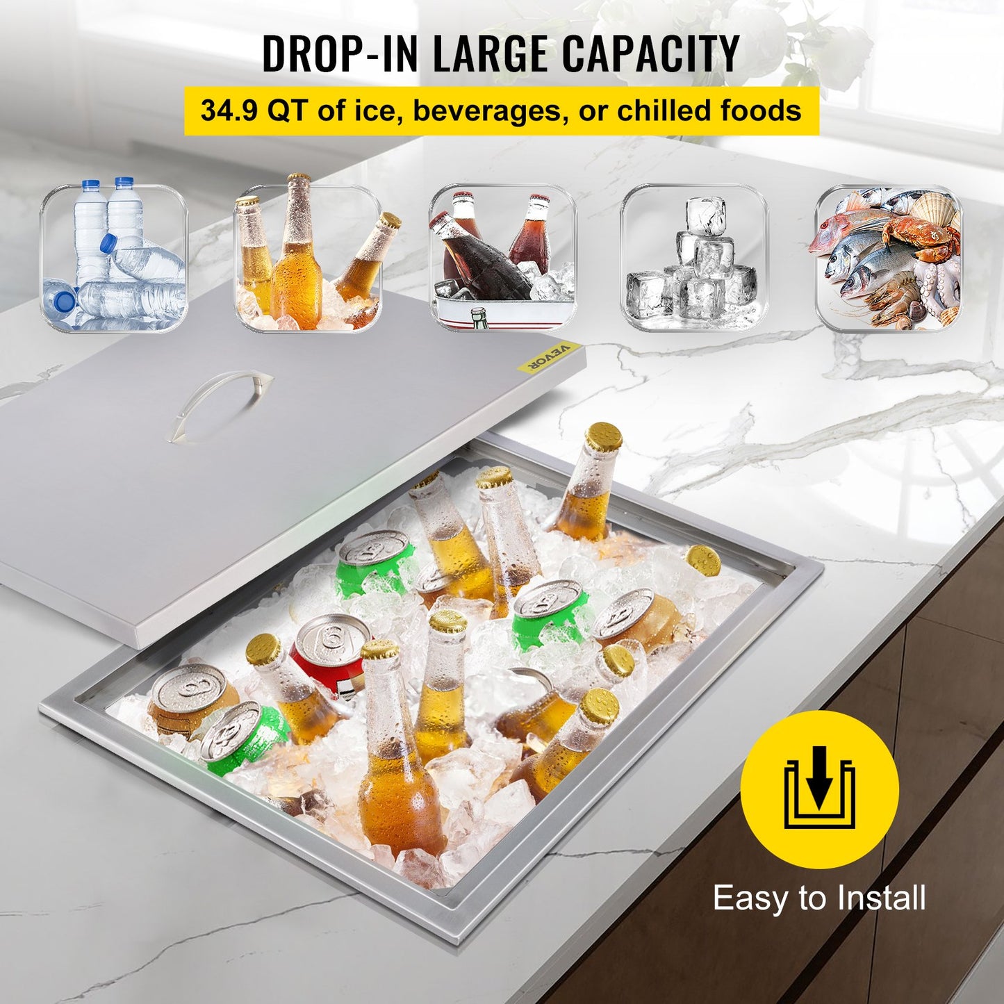 VEVOR Drop in Ice Chest 20.5''L x 13.5''W x 12.2''H with Cover 304 Stainless Steel Drop in Cooler Included Drain-pipe and Drain Plug Drop in Ice Bin for Cold Wine Beer