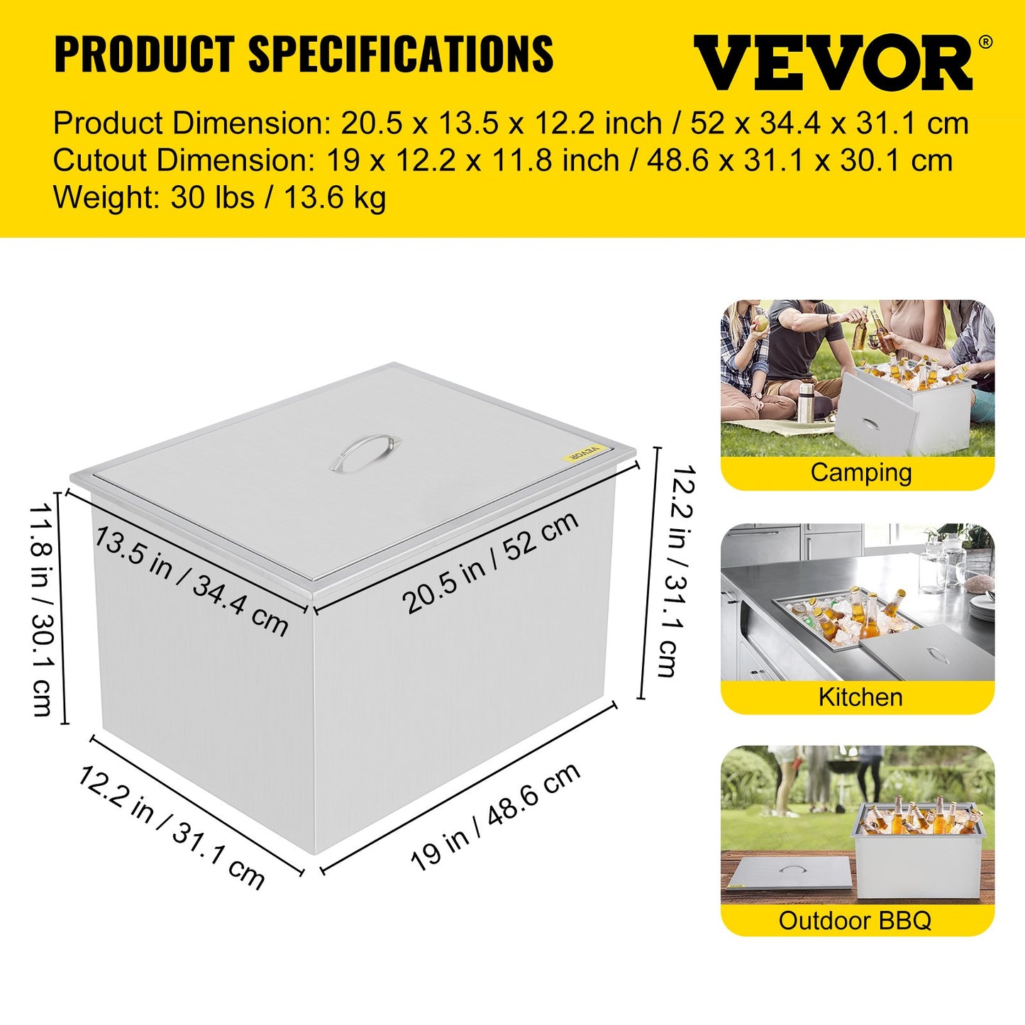VEVOR Drop in Ice Chest 20.5''L x 13.5''W x 12.2''H with Cover 304 Stainless Steel Drop in Cooler Included Drain-pipe and Drain Plug Drop in Ice Bin for Cold Wine Beer