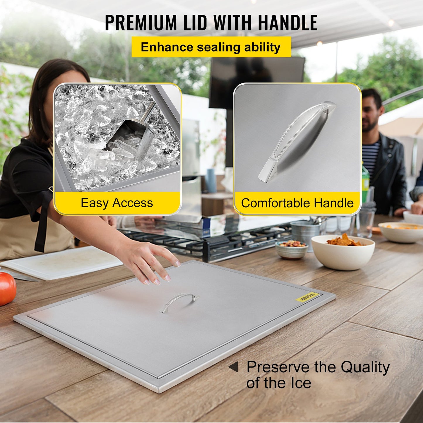 VEVOR Drop In Ice Chest 21.2L x 16.8W x 17.6H Inch with Cover Stainless Steel Ice Cooler Included Drain-pipe and Drain Plug Drop In Ice Bin Outdoor Kitchen for Cold Wine Beverage
