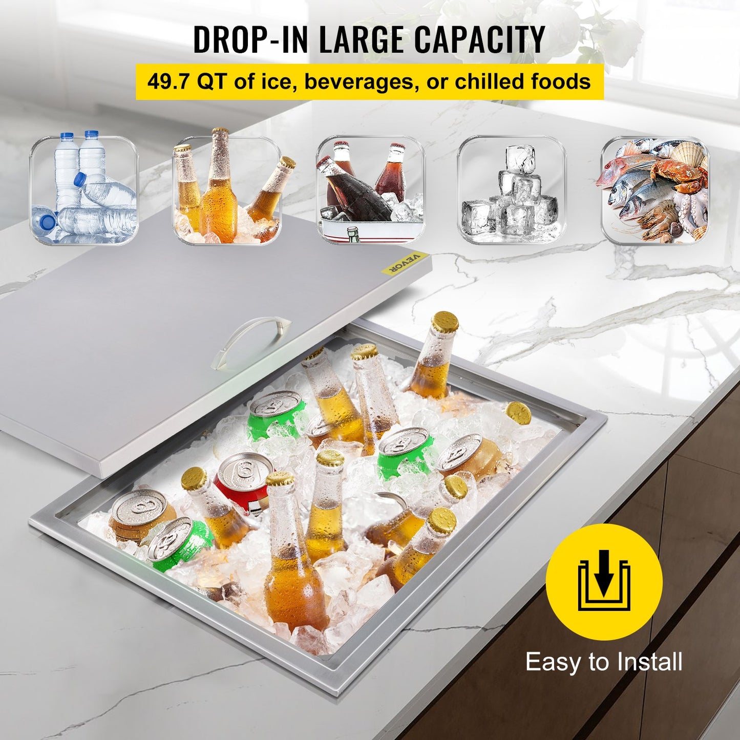 VEVOR Drop in Ice Chest 22''L x 17''W x 12''H with Cover 304 Stainless Steel Drop in Cooler Included Drain-pipe and Drain Plug Drop in Ice Bin for Cold Wine Beer