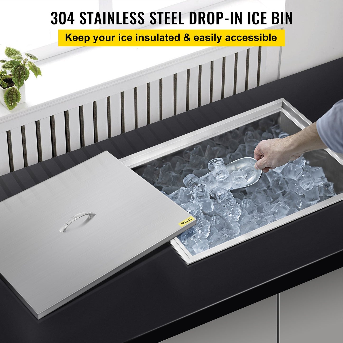 VEVOR Drop in Ice Chest 23''L x 17''W x 12''H with Cover 304 Stainless Steel Drop in Cooler Included Drain-Pipe and Drain Plug Drop in Ice Bin for Cold Wine Beer