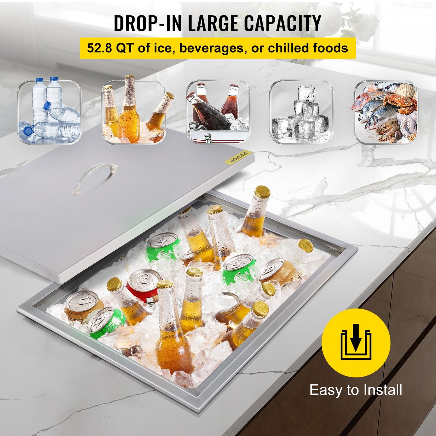 VEVOR Drop in Ice Chest 23''L x 17''W x 12''H with Cover 304 Stainless Steel Drop in Cooler Included Drain-Pipe and Drain Plug Drop in Ice Bin for Cold Wine Beer