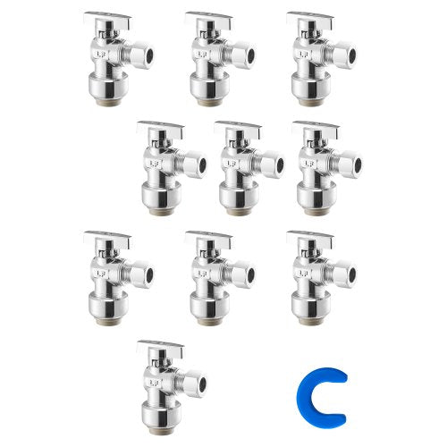 10 Pack Angle Stop Valve, Push-to-Connect Water Shut Off Valve 1/2' PTC x 3/8' OD Compression, 1/4 Turn Chrome Plated Brass Shutoff Valves for Copper, CPVC, PE-RT, PEX Pipe
