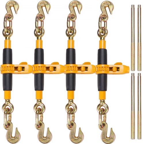Ratchet Chain Binder, 3/8'-1/2' Heavy Duty Load Binders, with G80 Hooks 12000 lbs Secure Load Limit, Labor-saving Anti-skid Handle, Tie Down Hauling Chain Binders for Flatbed Truck Trailer, 4 Pc