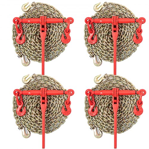 VEVOR Chain Load Binder, 5/16 Tie Down Kit w/ 6600LBS Working Load Capacity and Two Grab Hooks, Includes (4) Ratchet Binders - (4) 21' Grade 80 Chains, Transport Load Package for Hauling, Towing