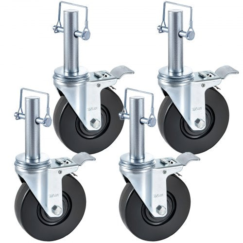 4 Pack 5' Heavy Duty Scaffolding Rubber Swivel Caster With Dual Locking 1' Solid Round Stem 280LBS Capacity Per Wheel