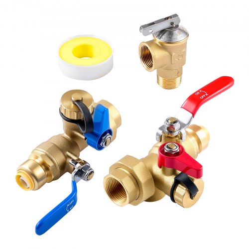 Water Heater Kit, 3/4 Inch Tankless Water Heater Service Valve Kit with 2PCS 3/4¡å NPT to 3/4¡å PTC Isolation Valves, Pressure Relief Valve, Fits Most Tankless Waters Heaters, Lead-Free Brass