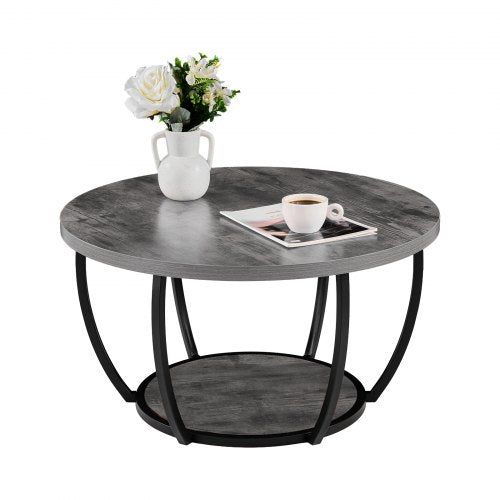 Coffee Table, Modern Round Coffee Table, 2 Tiers Wooden Circle Center Desk with Open Storage, Minimalist Sturdy Metal Frame Accent End Desk for Living Room, Office, Easy Assembly, Grey