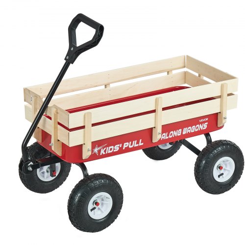 Pull-Along Wagon for Kids, 39 inch Toddler Wagons with Wooden Panels & Handle, Supports up to 330 lbs, All-Terrain Utility Wagon Cart Birthday Present for Kids Gardening Beach, Red