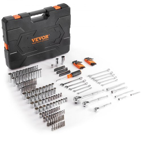 Mechanics Tool Set and Socket Set, 1/4' 3/8' 1/2' Drive Deep and Standard Sockets, 205 Pcs SAE and Metric Mechanic Tool Kit with Bits, Combination Wrench, Hex Wrenches, Accessories, Storage Case