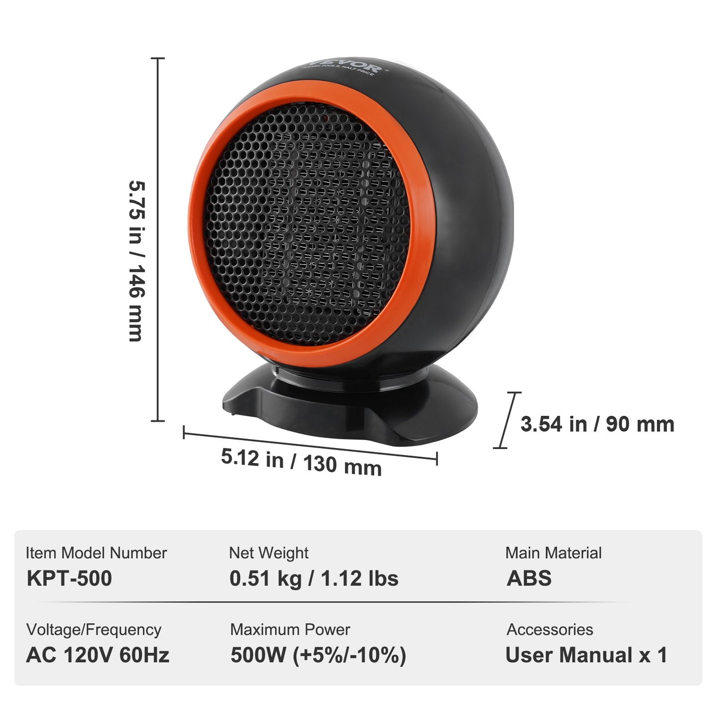 VEVOR Portable Electric Space Heater with Overheat Protection, 500 W Secure and Quiet Ceramic Heater Fan, 6 in Tip-Over Shutdown Flame-Retardant ABS Small Heaters for Office Room Desk Indoor Use