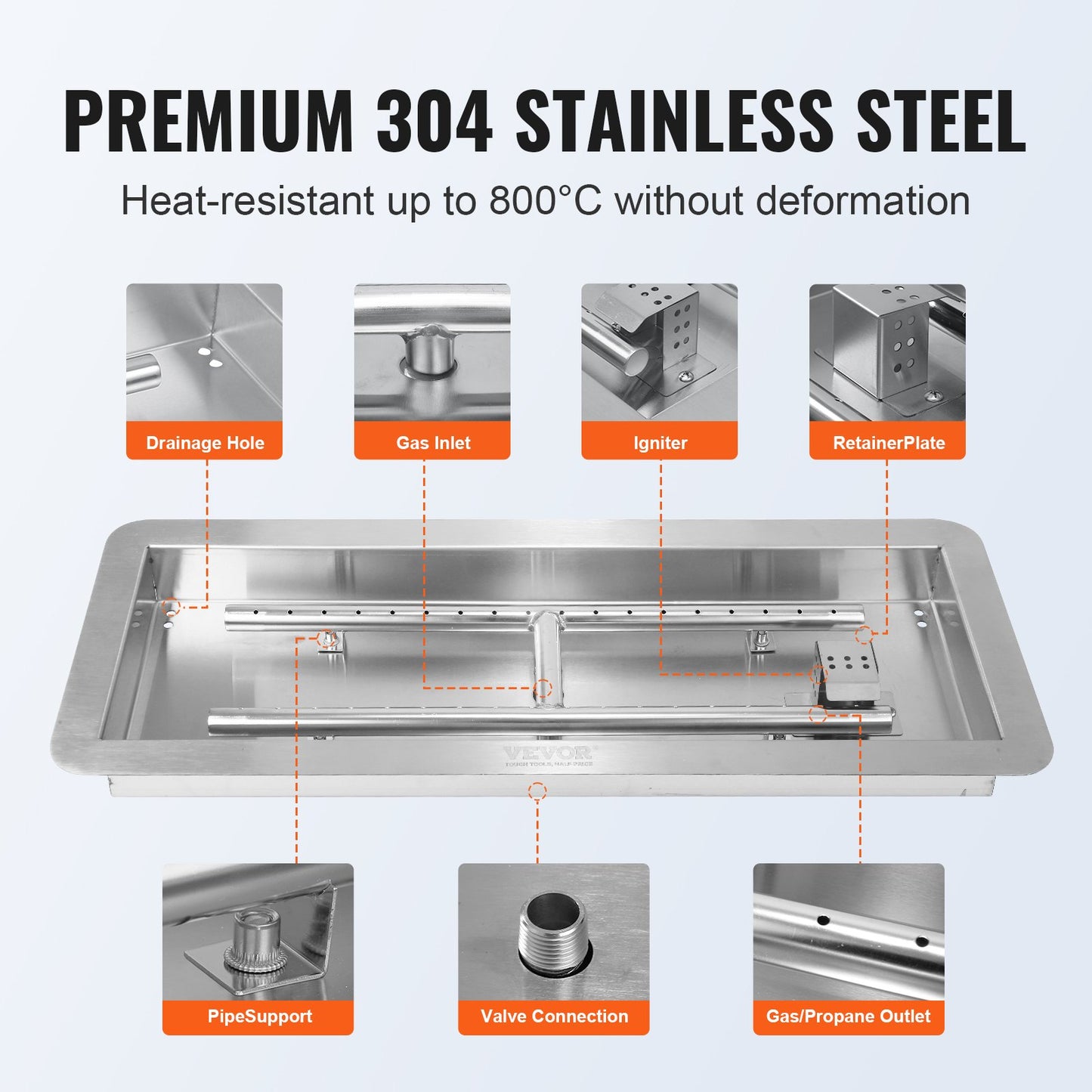 VEVOR 30 x 10 inch Drop-in Fire Pit Pan, Rectangular Stainless Steel Fire Pit Burner Kit, Natural & Propane Gas Fire Pan 125,000 BTU with H-Burner for Indoor or Outdoor Use