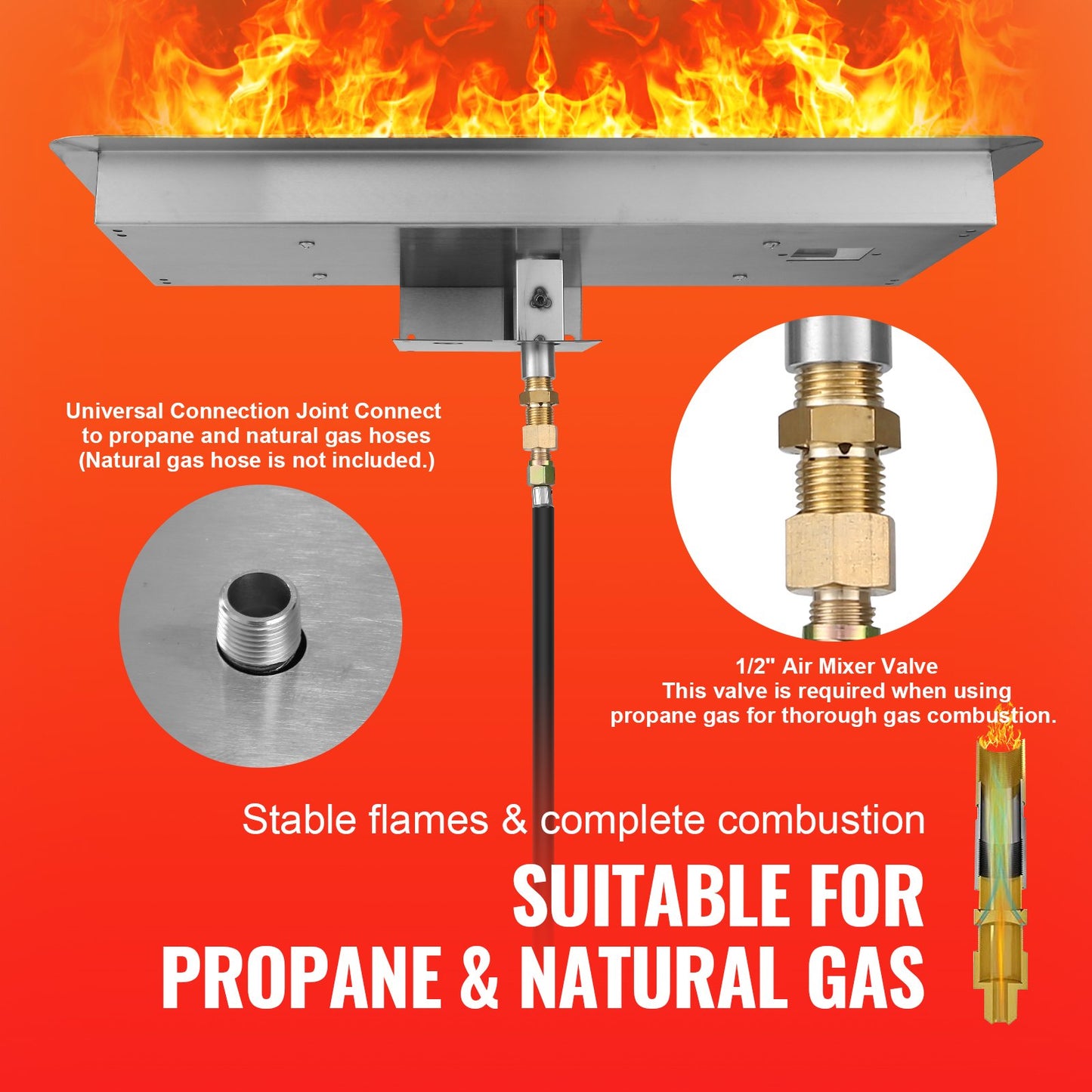 VEVOR 36 x 12 inch Drop-in Fire Pit Pan, Rectangular Stainless Steel Fire Pit Burner Kit, Natural & Propane Gas Fire Pan 150,000 BTU with H-Burner for Indoor or Outdoor Use
