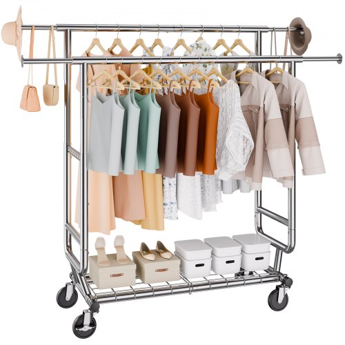Heavy Duty Clothes Rack, Double Hanging Rod Clothing Garment Rack for Hanging Clothes, Adjustable Height and Extendable Length Clothing Rack with Bottom Storage Area, 600 lbs Load Capacity