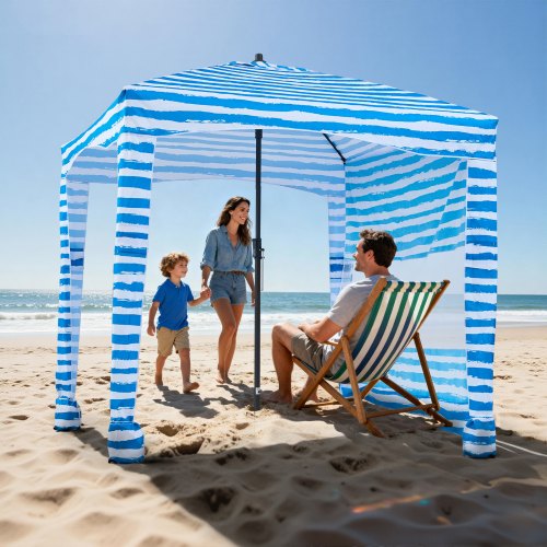 Beach Cabana, 6 x 6 ft Beach Canopy with Side Wall, UPF 50+ Protection Easy Setup Cabana Tent with Sand Pockets, Portable Shade Sun Shelter Umbrella for Whole Family & Friends, Blue Stripes