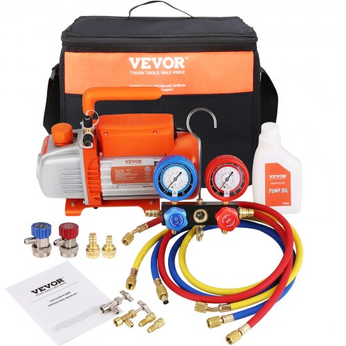 1/5 HP 3.5 CFM AC Vacuum Pump and Gauge Set, Single Stage Rotary Vane HVAC Air Vacuum Pump A/C?Refrigerant?Kit Manifold Gauge Set, with Three-Color Hose Carry Bag, Applicable to R134a, R1234yf