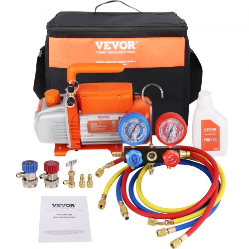 1/5 HP 3.5 CFM AC Vacuum Pump and Gauge Set, Single Stage Rotary Vane HVAC Air Vacuum Pump A/C?Refrigerant?Kit Manifold Gauge Set, with Three-Color Hose Carry Bag, Applicable to R134a, R410a