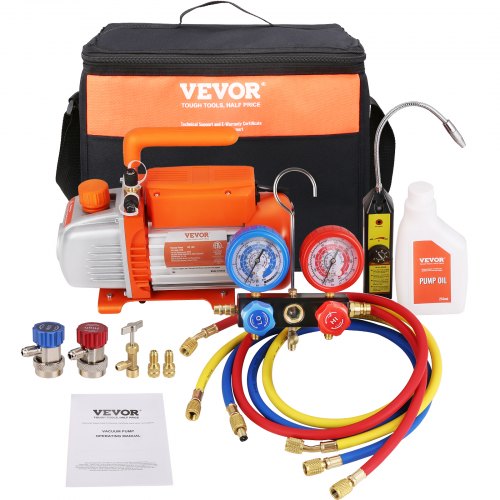 1/4 HP 4.5 CFM AC Vacuum Pump and Gauge Set, Single Stage Rotary Vane HVAC Air Vacuum Pump A/C?Refrigerant?Kit Manifold Gauge Set, with Three-Color Hose Carry Bag, Applicable to R134a, R410a