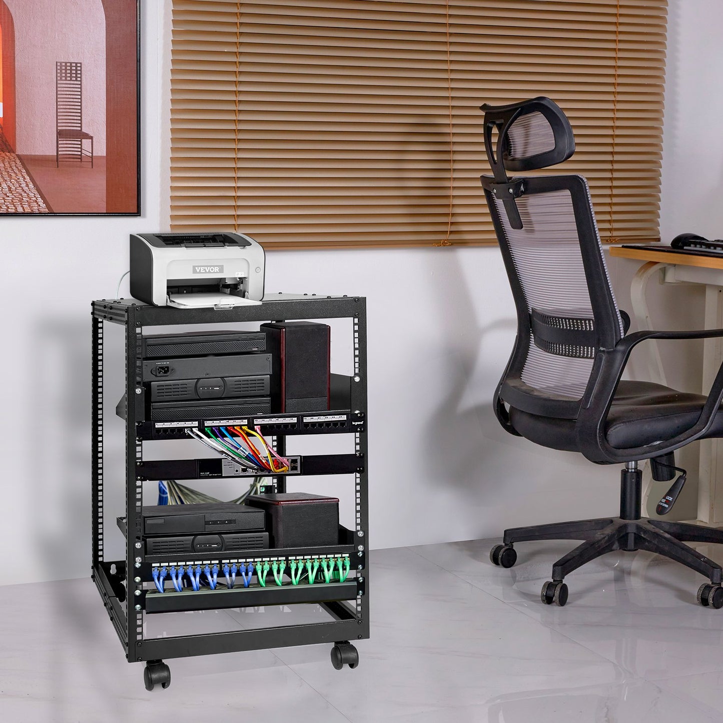 VEVOR 15U Open Frame Server Rack, 23''-40'' Adjustable Depth, Free Standing or Wall Mount Network Server Rack, 4 Post AV Rack with Casters, Holds All Your Networking IT Equipment AV Gear Router Modem