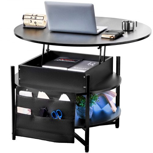 Lift Top Coffee Table, 35.3 in Round Coffee Table with Extra Storage Pockets, Pop Up Coffee Table for Living Room, Black