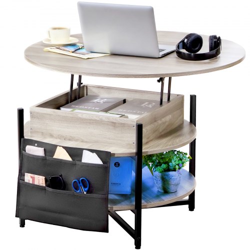 Lift Top Coffee Table, 35.3 in Round Coffee Table with Extra Storage Pockets, Pop Up Coffee Table for Living Room, White