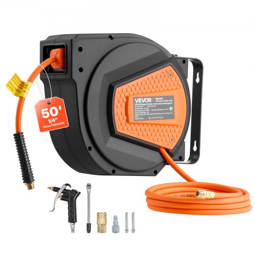 Retractable Air Hose Reel, 1/4 Inch x 50 FT Hybrid Air Hose Max 300PSI, Enclosed Air-Compressor Hoses Reel Auto Rewind with 6.6 ft Lead in & Blow Gun, 180¡ã Swivel Ceiling/Wall Mount