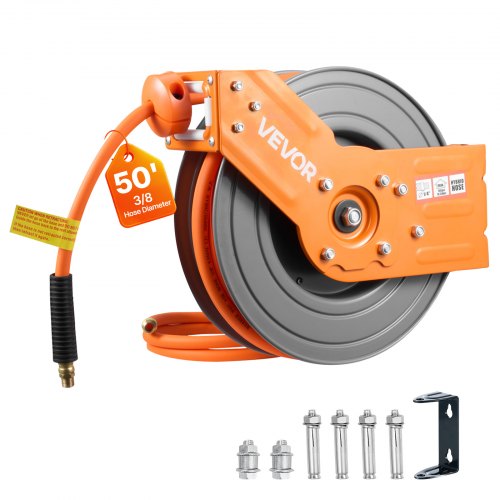Retractable Air Hose Reel, 3/8 Inch x 50 FT Hybrid Air Hose Max 300PSI, Auto Rewind Air-Compressor Hoses Reel with 5 ft Lead in, 180¡ã Swivel Ceiling/Wall Mount for Garage Workshops