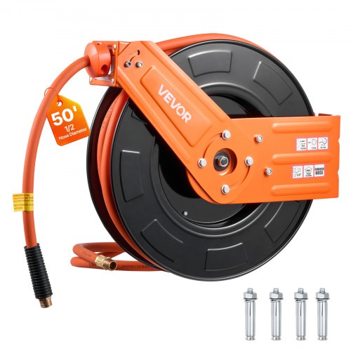 Retractable Air Hose Reel, 1/2 Inch x 50 FT Rubber Air Hose Max 300PSI, Auto Rewind Air-Compressor Hoses Reel with 5 ft Lead in, Ceiling/Wall Mount for Garage Workshops