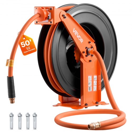 Retractable Air Hose Reel, 1/2 Inch x 50 FT Rubber Air Hose Max 300PSI, Auto Rewind Air-Compressor Hoses Reel with 5 ft Lead in, Ceiling/Wall Mount Heavy Duty Steel Double Arm