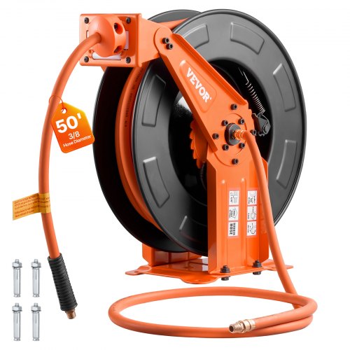 Retractable Air Hose Reel, 3/8 Inch x 50 FT Rubber Air Hose Max 300PSI, Auto Rewind Air-Compressor Hoses Reel with 5 ft Lead in, Ceiling/Wall Mount Heavy Duty Steel Double Arm