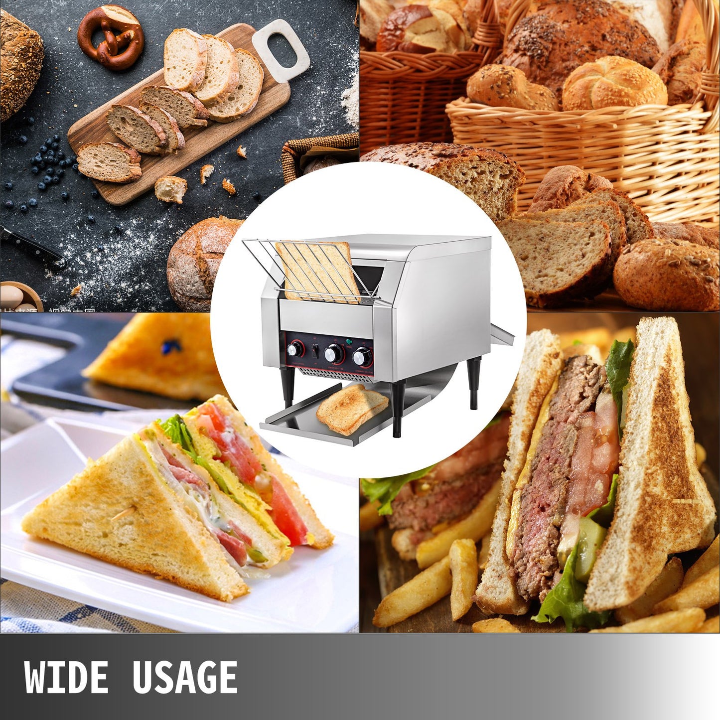 VEVOR 300 Slices/Hour Commercial Conveyor Toaster,2200W Stainless Steel Heavy Duty Industrial Toasters w/ Double Heating Tubes,Countertop Electric Restaurant Equipment for Bun Bagel Bread Baked Food