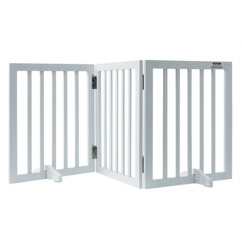 Free Standing Dog Gate, 24' H x 60' W Freestanding Pet Gate, 3 Panels Foldable Dog Gate for Wide and Narrow Passageways, Expandable Dog Barrier with Silent Foot Support for Indoor, White