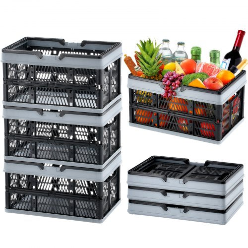 Collapsible Shopping Basket, 3 Pack, 16L Plastic Foldable Storage Crate with Handle, Grocery Fruit Vegetable Shopping Basket Folding Storage Container for Supermarket Retail Shopping, Black