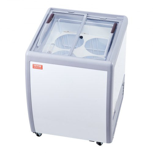 Commercial Ice Cream Display Case, 5.6 Cu.ft Chest Freezer, Mobile Glass Top Deep Freezer, Restaurant Gelato Dipping Cabinet, 2 Sliding Glass Doors, Locking Casters, White
