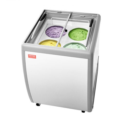 Commercial Ice Cream Display Case, 5.6 Cu.ft Chest Freezer, Restaurant Gelato Dipping Cabinet Top Deep Freezer with Locking Casters, Sliding Glass Door, LED Lighting, Hold 4 Ice Cream Tubs