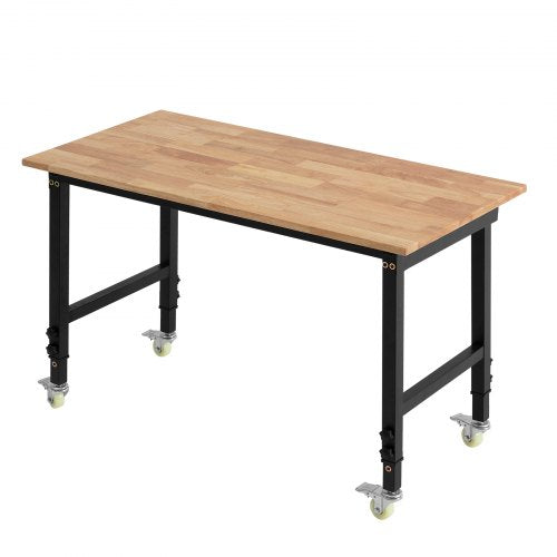 Adjustable Workbench on Wheels, 1500 lbs Capacity, 48 x 24 Inch Oak Wood Top Workbench with 28.5-42.3 Inch Height Adjustment, Heavy-Duty Hardwood Worktable for Garage, Workshop, Home, Office