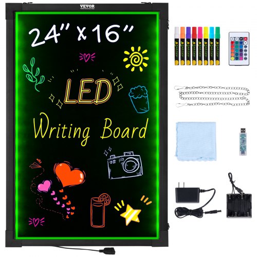 LED Message Writing Board, 24'x16' Illuminated Erasable Lighted Chalkboard, Neon Effect Menu Sign Board, Drawing Board with 8 Fluorescent Chalk Markers and Remote Tested to UL Standards