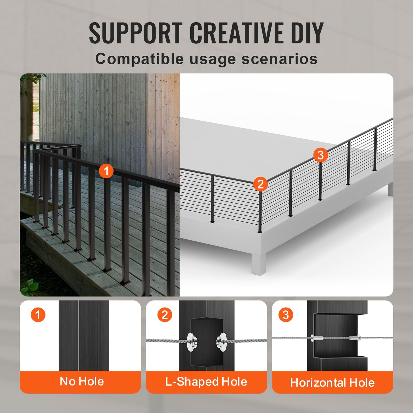 VEVOR Cable Rail Post Level Deck Stair Post 36 x 1.5 x 1.5 Cable Handrail Post Stainless Steel Brushed Finishing Deck Railing DIY Picket Without Hole Stair Railing Kit with Mount Bracket Black