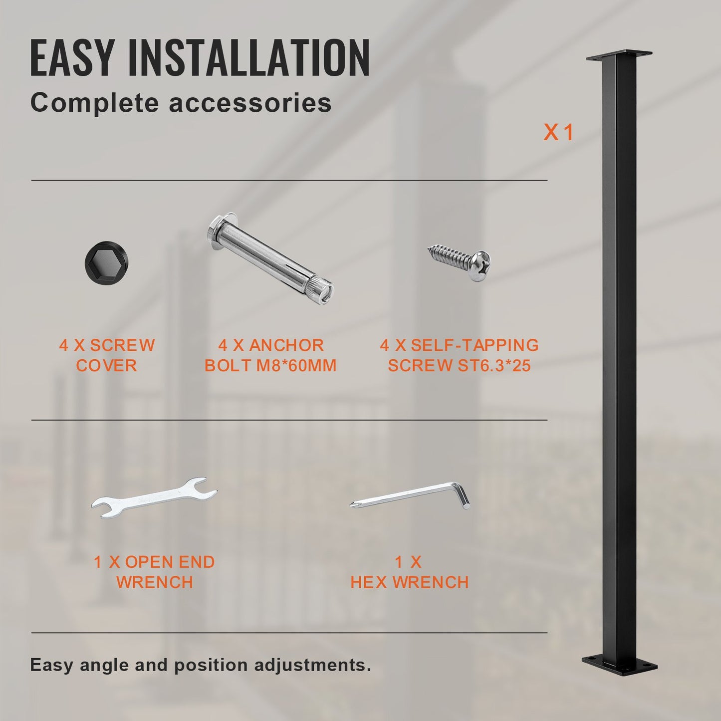 VEVOR Cable Rail Post Level Deck Stair Post 36 x 1.5 x 1.5 Cable Handrail Post Stainless Steel Brushed Finishing Deck Railing DIY Picket Without Hole Stair Railing Kit with Mount Bracket Black